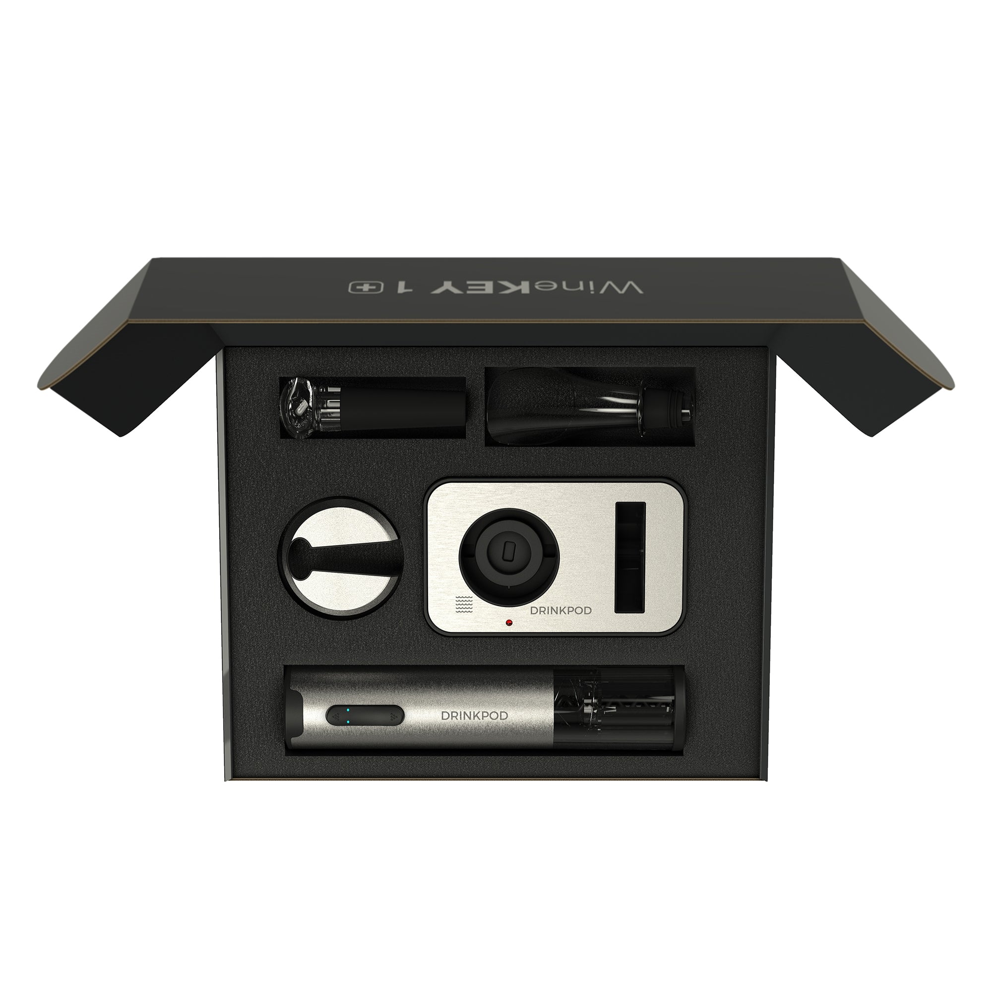 WineKEY Electric Wine Bottle Opener set including opener, charging base, foil cutter, wine pourer, and vacuum stopper in a stylish arrangement.